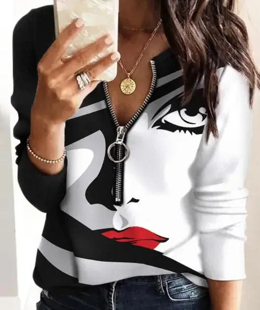 Women V Neck Fashion Casual Pullover Striped Print Zipper Front Long Sleeve Top Tops