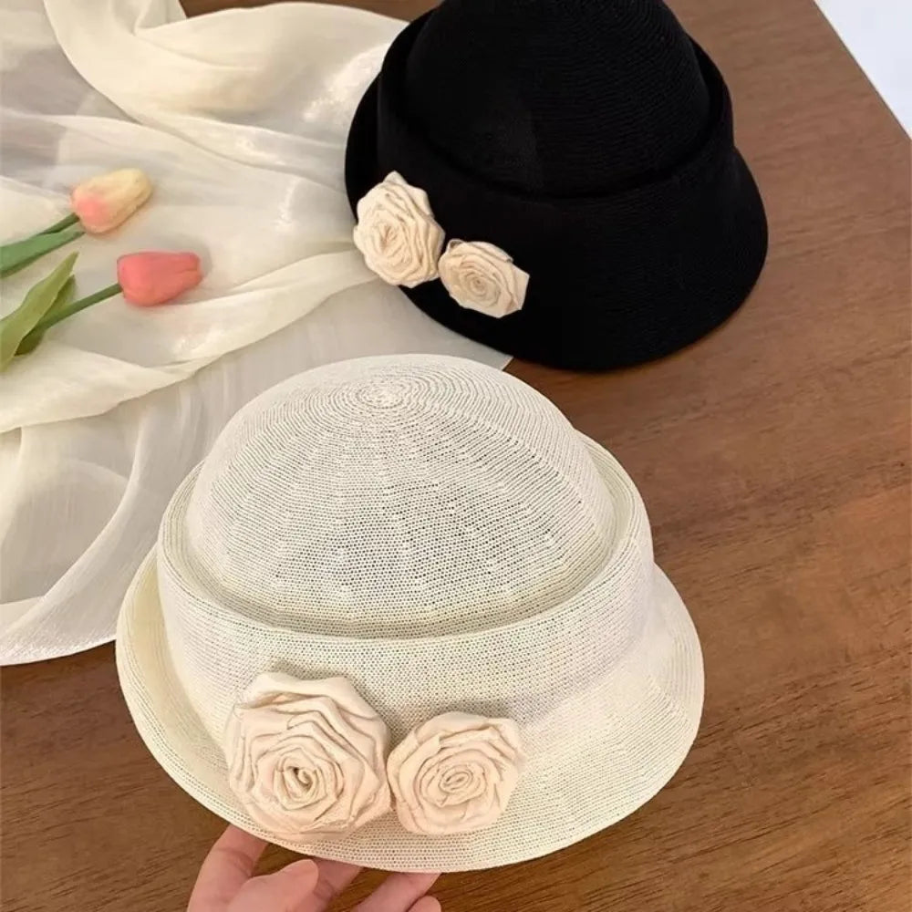 Vintage French Style Camellia Flower Cap Curl Brim Hepburn Floral Bowler Hat Elegant British Women's Formal hat Lady