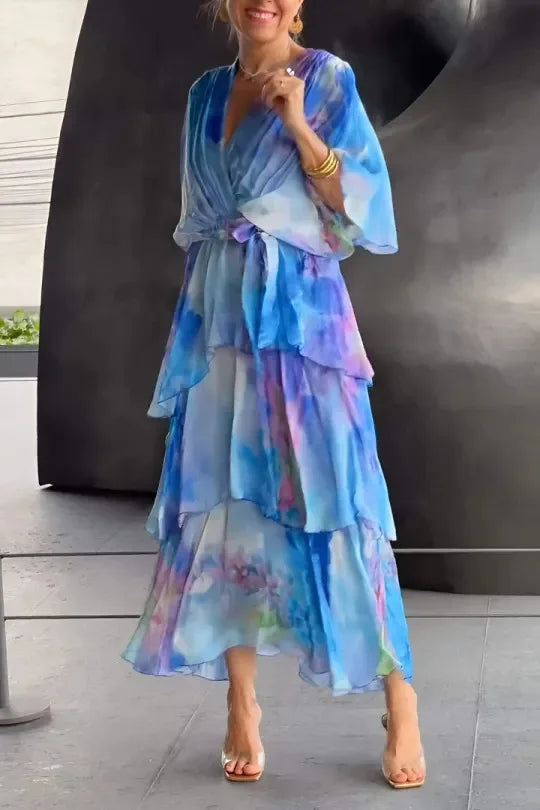 Vestido de mujer con estampado floral, multicapa, cuello en V, manga larga, estilo casual de verano