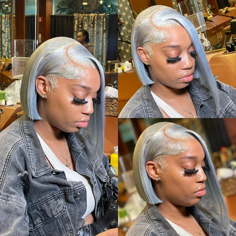 Short Bob Wig Grey Straight 13x4 Transparent Lace Front Wigs Human Hair For Black Women Silver Grey Lace Front Wigs Brazilian