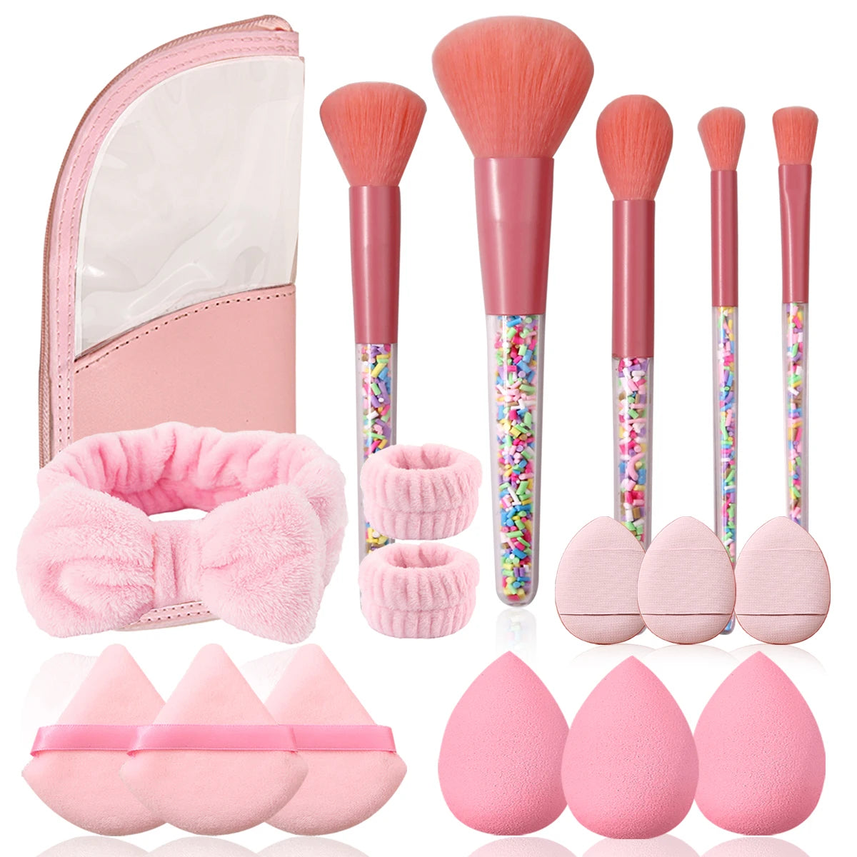 Pink Series Makeup Tools Kit Party Makeup Brushes Blender Sponges & Storage Bag , Bowknot Headband Wristbands