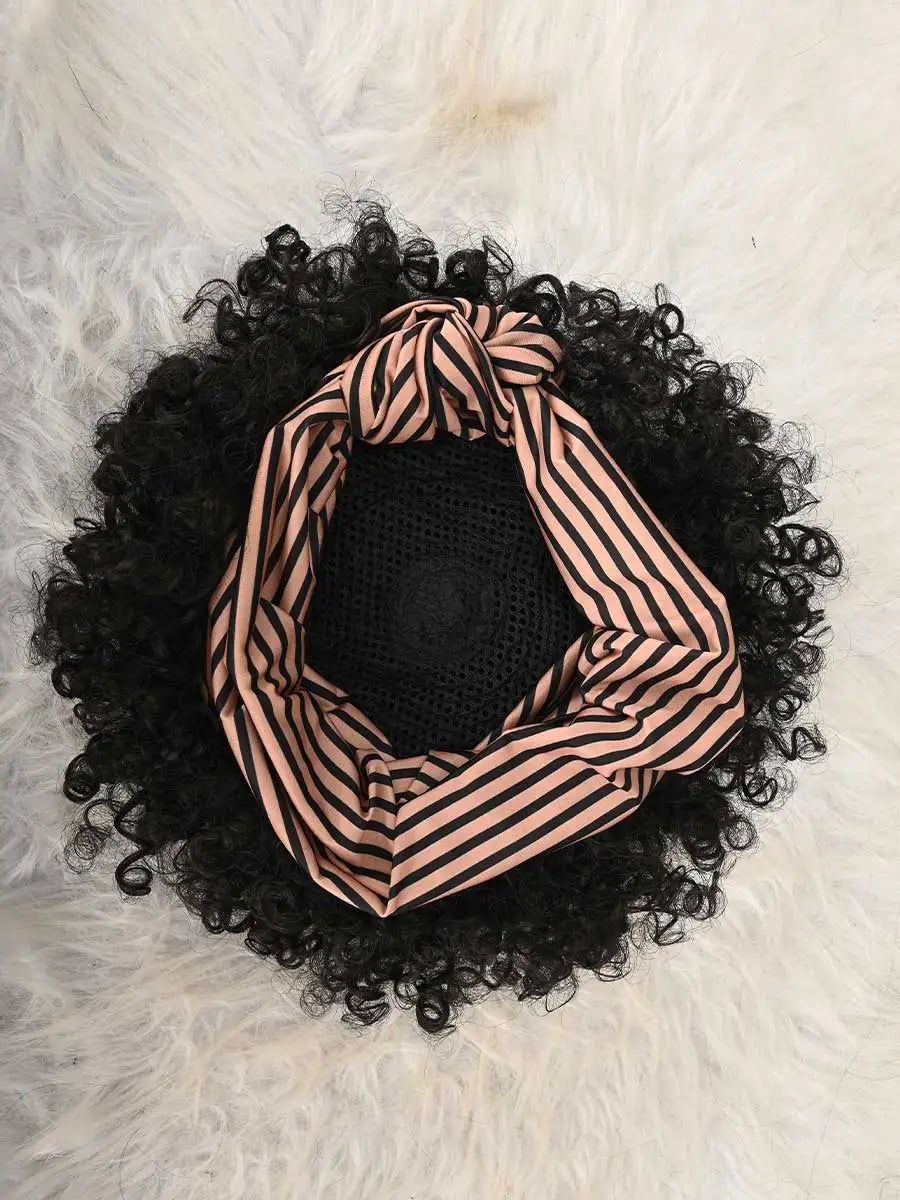 Headband Wig Curly Headband Wig With Bangs For Women Synthetic Afro Curly Hair Wig With Headband Attached Short Kinky Curly Afro High Puff With Bangs Stripes Short Red Curly Wigs with Bangs for Women, Natural Wavy Synthetic W