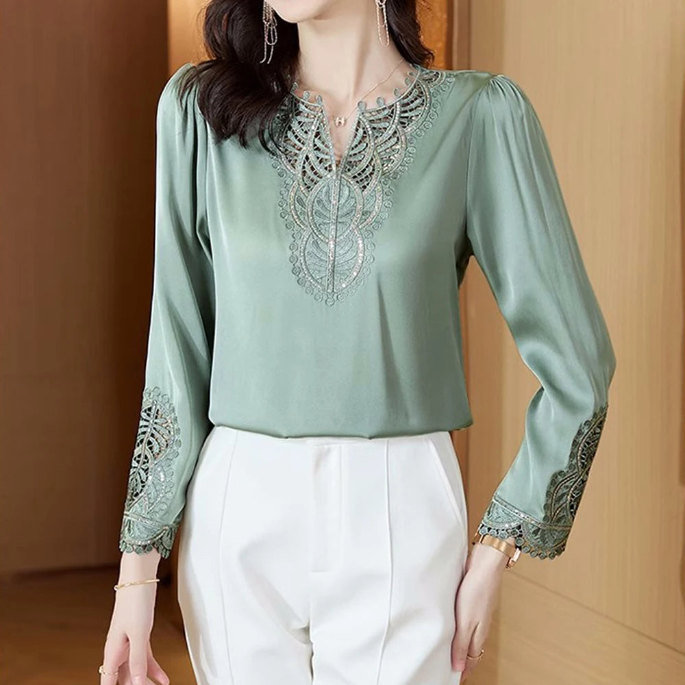 Fashion Women Silk Blouses Spring Autumn Long Sleeve Embroidery Shirts Elegant Office Lady Retro Design Tops Clothing