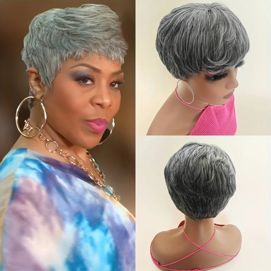 New for Summer Short gray Synthetic wig for women classic gray hairstyle pixie hair wig to mother US
