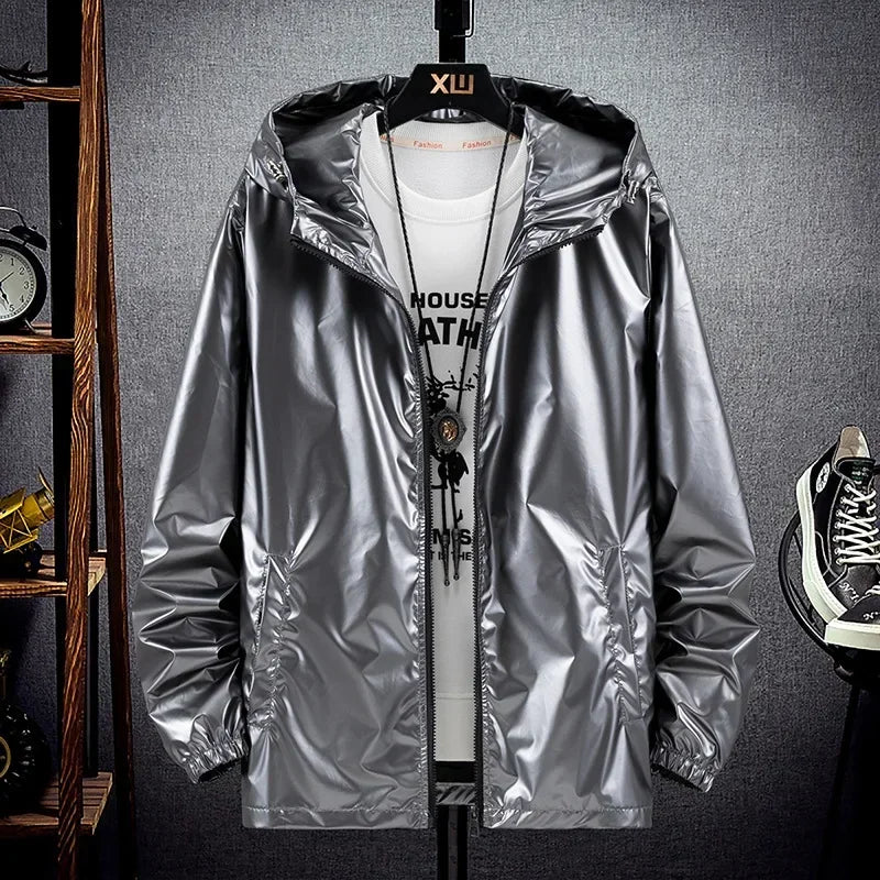 Chaquetas con capucha de superficie brillante para hombre, para senderismo, pesca, deportes al aire libre, cortavientos, estilo fino, abrigos de tendencia, ropa de hombre 7XL
