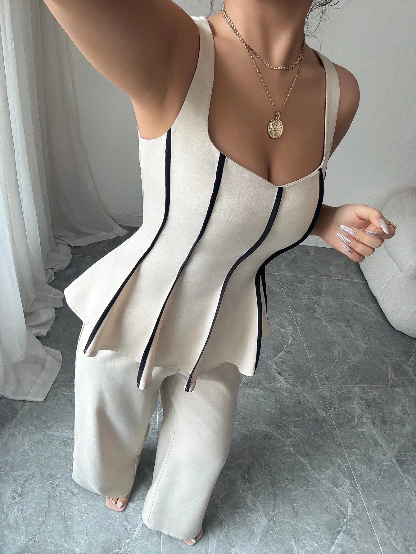 Two Piece Sets Women Pant Set Sleeveless Matching Sets Ruffles Tops Y2k Streetwear Elegant Work Wide Leg Long Pants High Waist