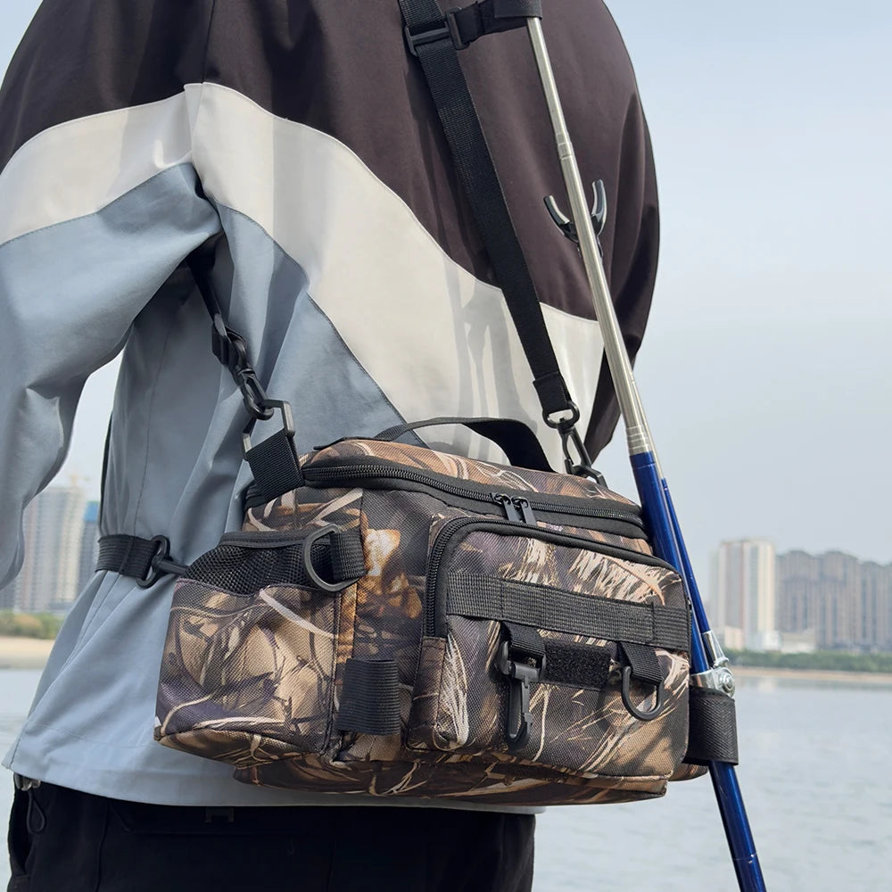 Mochila de pesca, caja de señuelos, bolsa de almacenamiento de aparejos, riñonera para hombres, mochila de pesca con mosca con soporte para caña, bolsa de hombro.