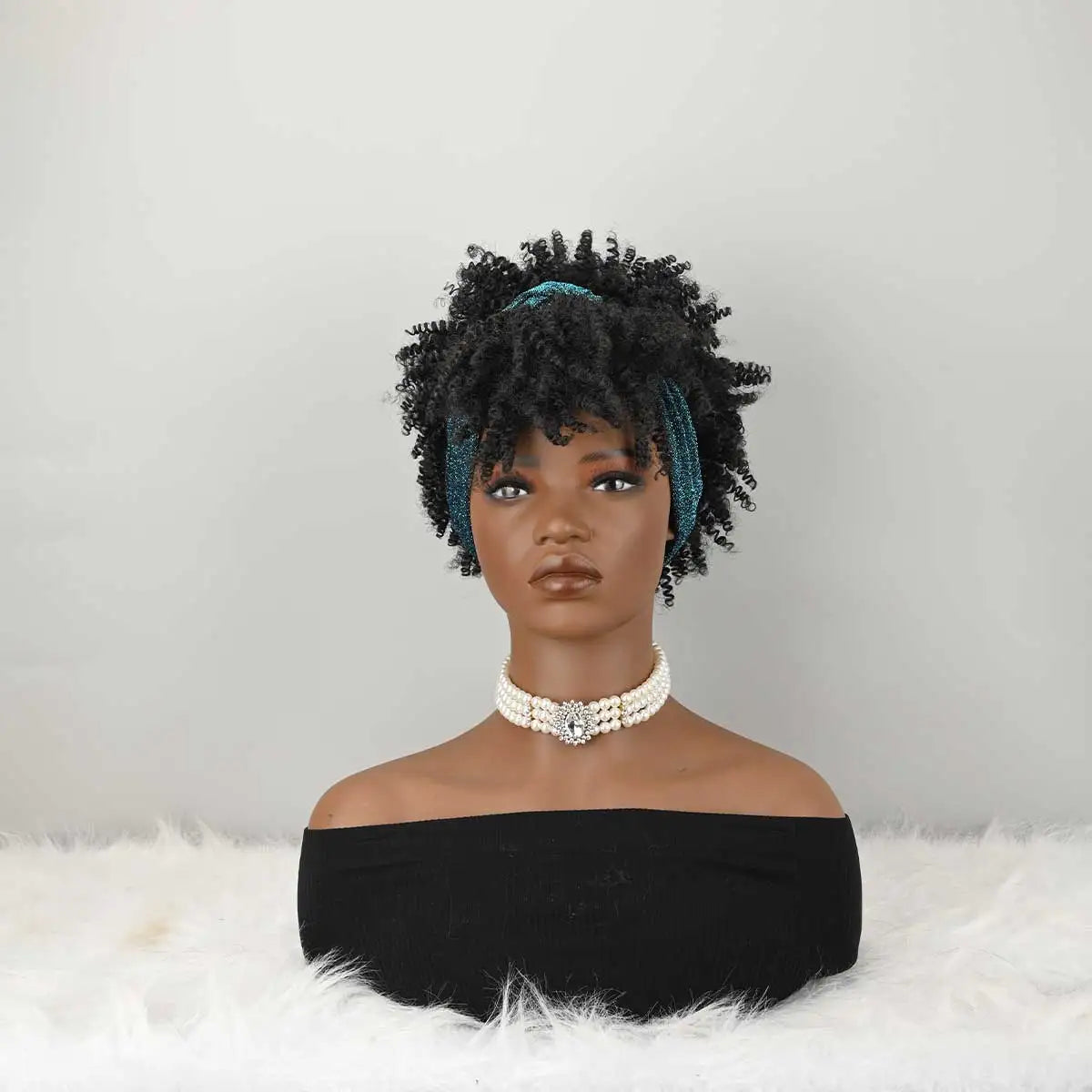 Headband Wig Curly Headband Wig With Bangs For Women Synthetic Afro Curly Hair Wig With Headband Attached Short Kinky Curly Afro High Puff With Bangs Stripes Short Red Curly Wigs with Bangs for Women, Natural Wavy Synthetic W