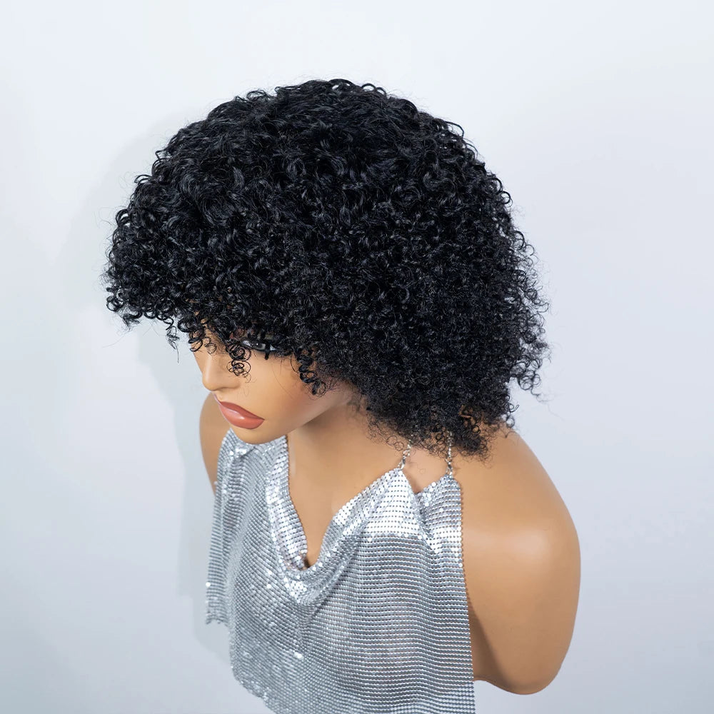 Short Jet Short Black Fluffy Kinky Afro Curly Virgin Human Hair Bob Wig with Full Bangs, Thick Tight Spring Small Curly Real Hair Bob Wig,Full Machine Made for Daily Wedding Club Cosplay Photoshoot
