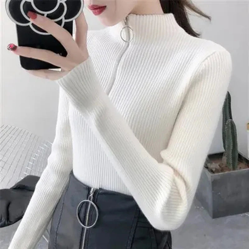 Suéter de punto para mujer con cremallera, cuello medio alto, jerséis de otoño e invierno, suéteres básicos de mujer, prendas de punto ajustadas, tops de mujer