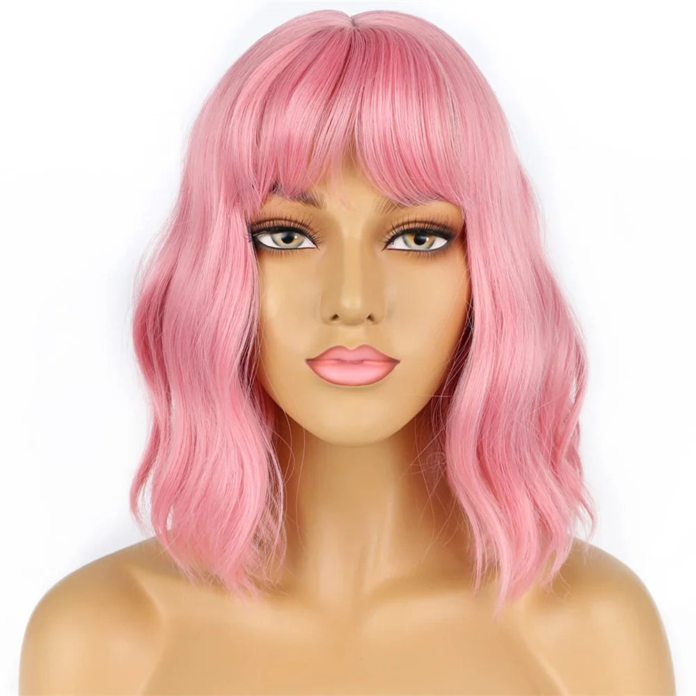 Short Wavy Bob Wig With Bangs, Shoulder Length Curly Wigs For Women, Synthetic Pink Wig For Daily Use, Cosplay Wig For Halloween