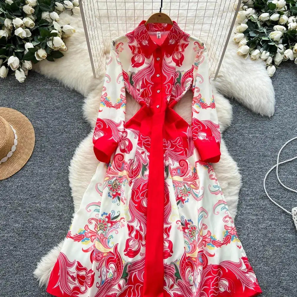 Fashion High-End Feeling Gown Dress Elegant European Court Style Long Printed Slimming New Women's Design Sensation Retro Summer