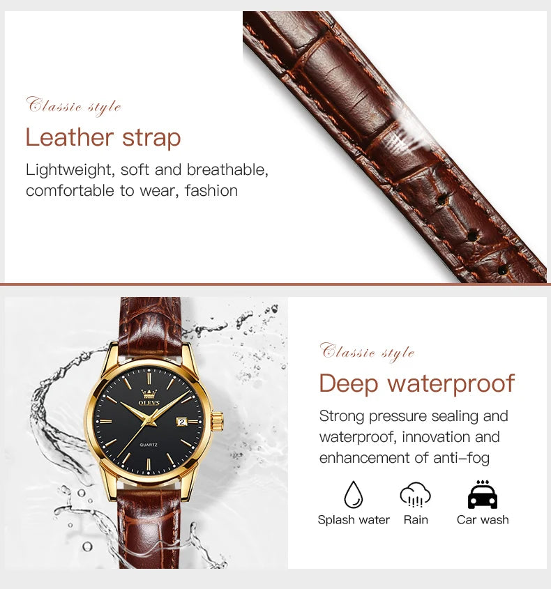 OLEVS 6898 Womens Watch Original Fashion Brand Quartz Wristwatch Waterproof Luminous Leather Strap  Dual Calendar Ldies Watch