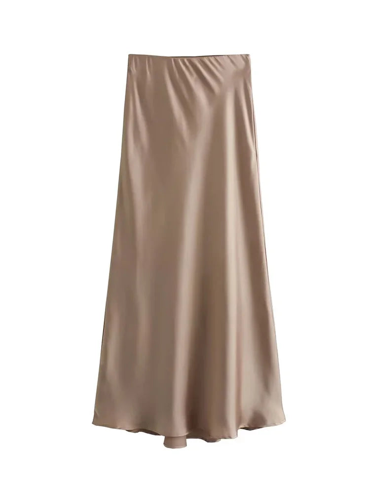 Willshela Falda de satén negra para mujer, falda larga elegante de cintura alta para mujer, falda midi de moda de verano, faldas de oficina para mujer
