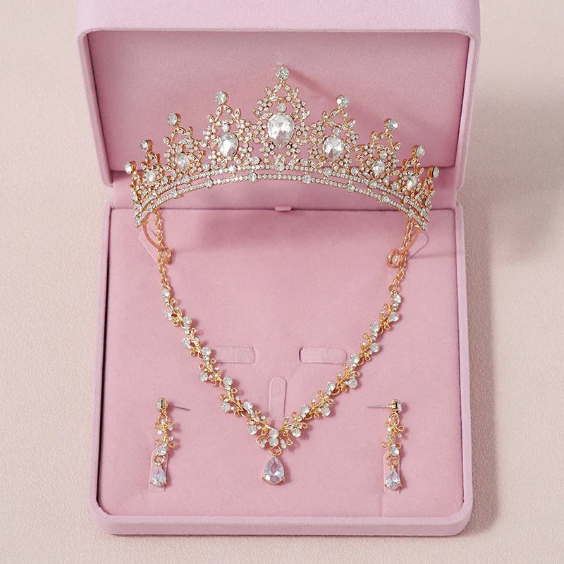 Bridal Jewelry Sets Crown Necklace Earrings Four Pack Silver Colour Women's Fashion Wedding Tiaras(excluding boxes)