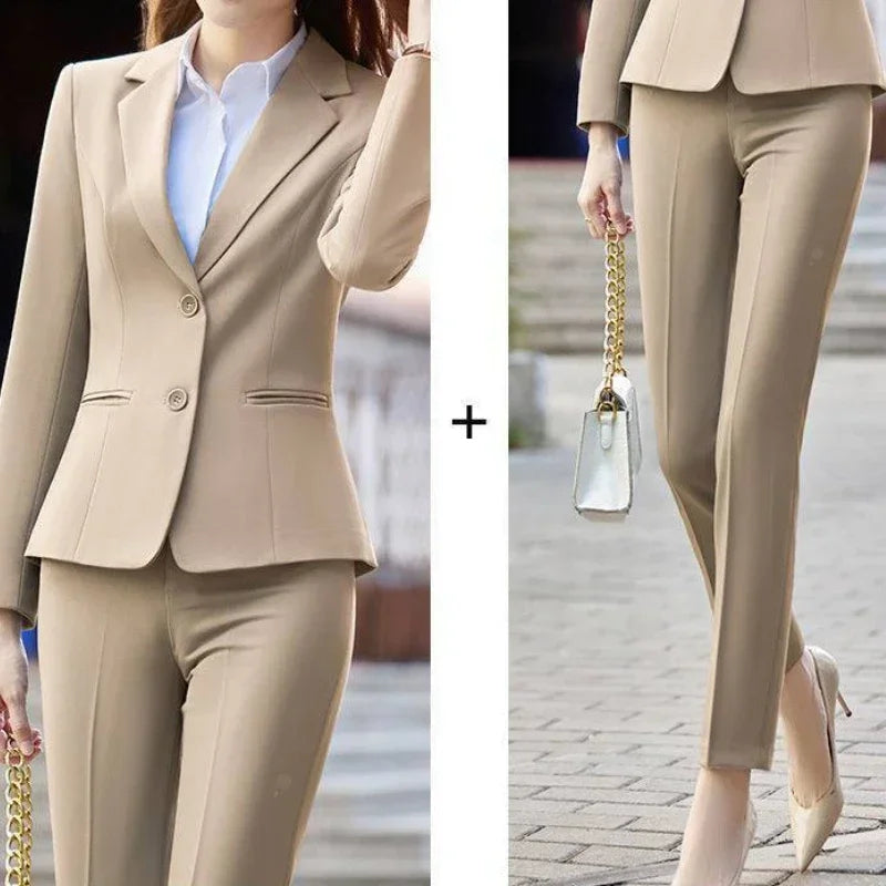 Professional Womens 2 Pant Sets Trouser Suit Baggy Khaki Business Wear To Work Two Piece Set Pants for Women Blazer and Outfit D