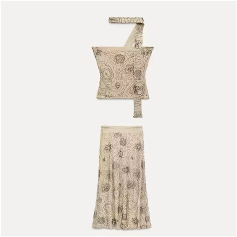 Beach Tank Top Skirt Women's Set Beading Print Shawl Collar Sleeveless Tops Pleated Maxi Skirts 2025 Summer Fashion Lady Outfit