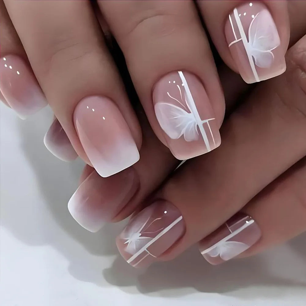 24Pcs Simple Fake Nail with Broken Diamond Short Square Press on False Nails Gradient White Wearable Ballet Full Cover Nail Tip