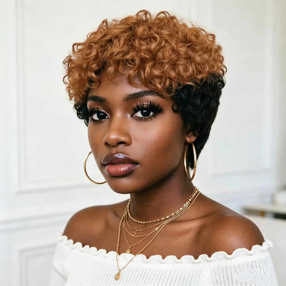 1B/30 Curly Pixie Human Hair Wig