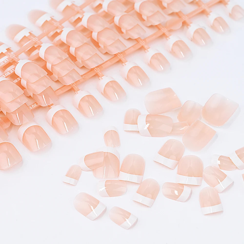 24Pcs French Square Round Head Fake Nails Natural Nude/Pink Press On Nails Tips With White-edges Wearable Full Cover Flase Nails