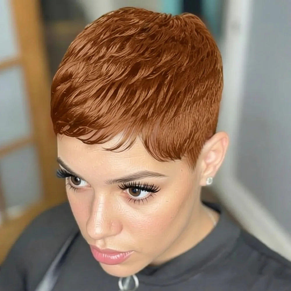 pixie daily party use layered human hair wig machine made wig pixie cut wig short straight brown black burgundy color for women