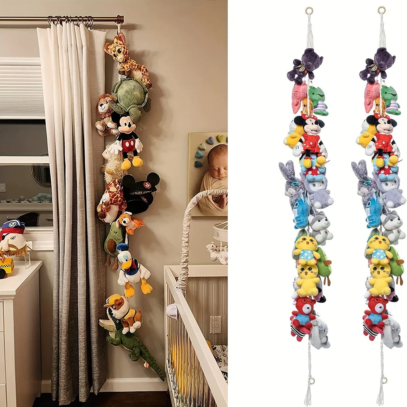 Stuffed Animals Toy Display Holder with 20 pcs Clips Boho Macrame Wall Hanging Storage Chain for Bedroom Nursery Play Room Decor