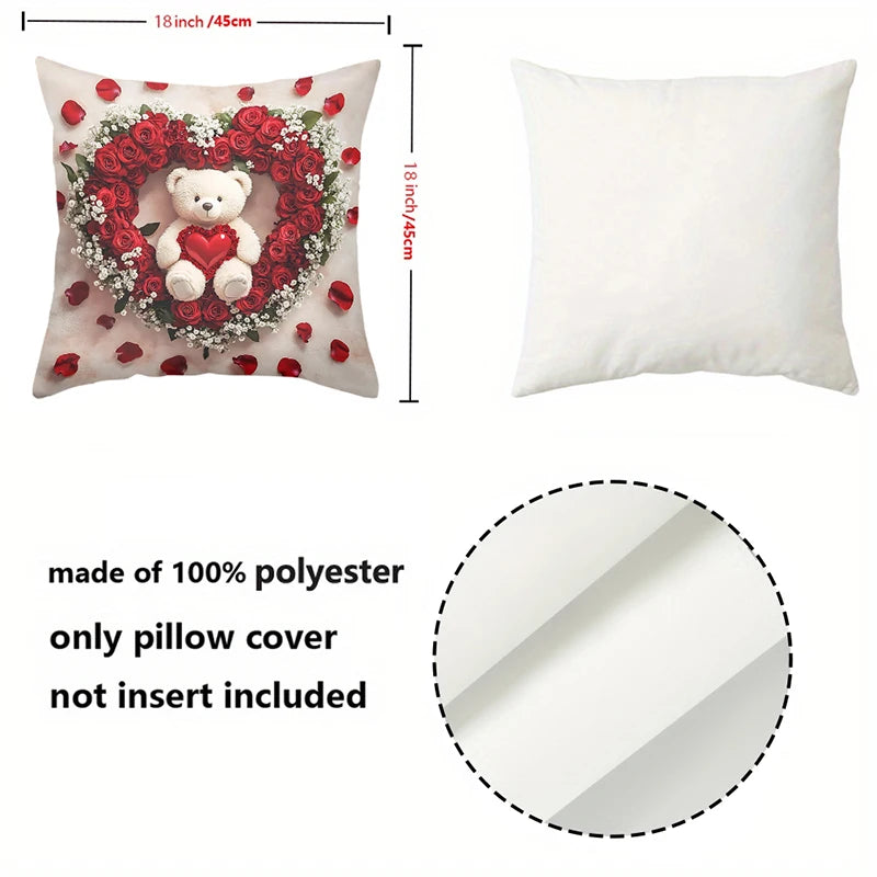 Teddybjørn Rose Hjerte Puter 2D Flat Print Polyester Putetrekk, Sofa Dekorativ Putetrekk Hodegavl Pute