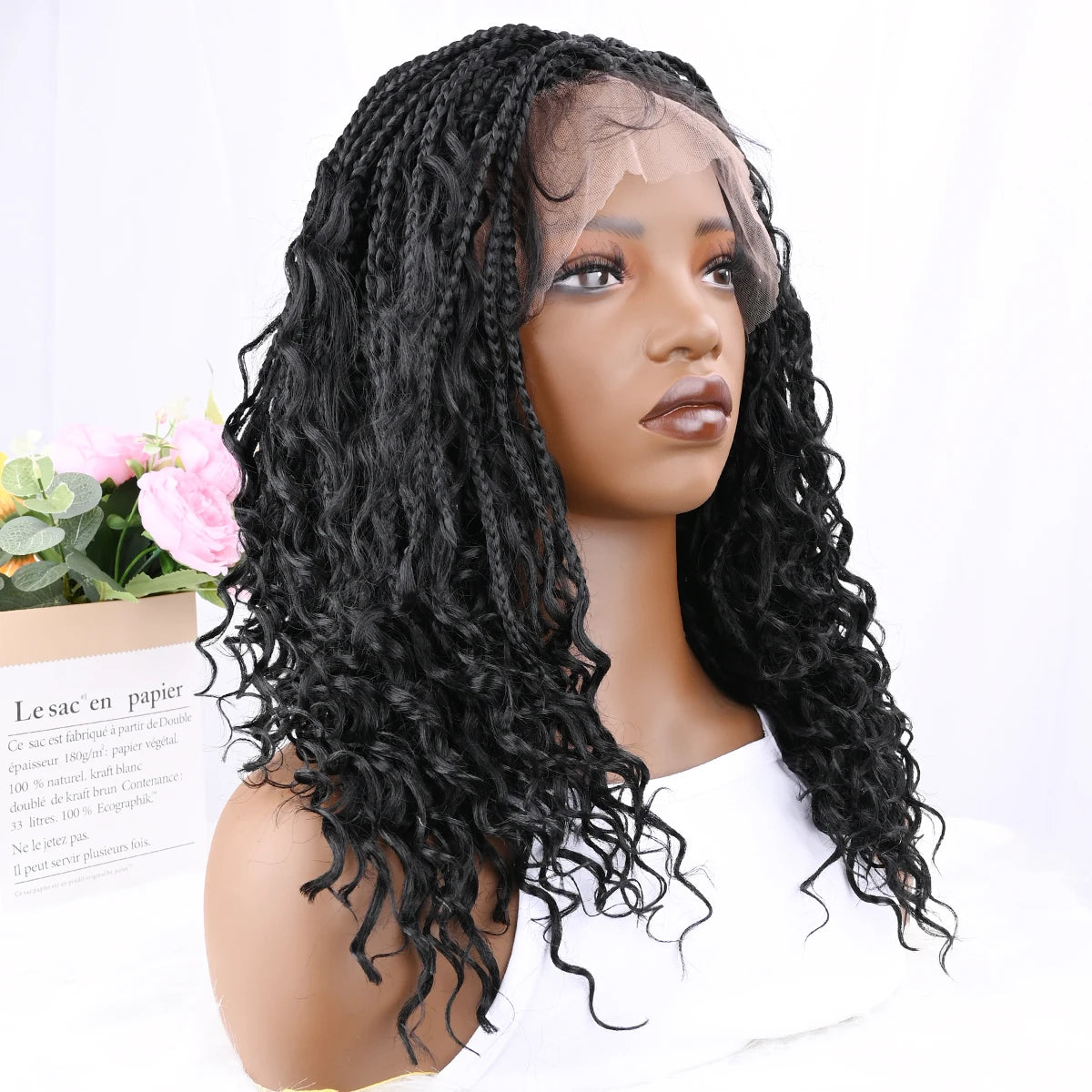 Peluca trenzada corta bohemia boho con trenzas de caja, pelucas trenzadas boho de encaje completo, cabello sintético rizado con pelo de bebé para mujeres negras