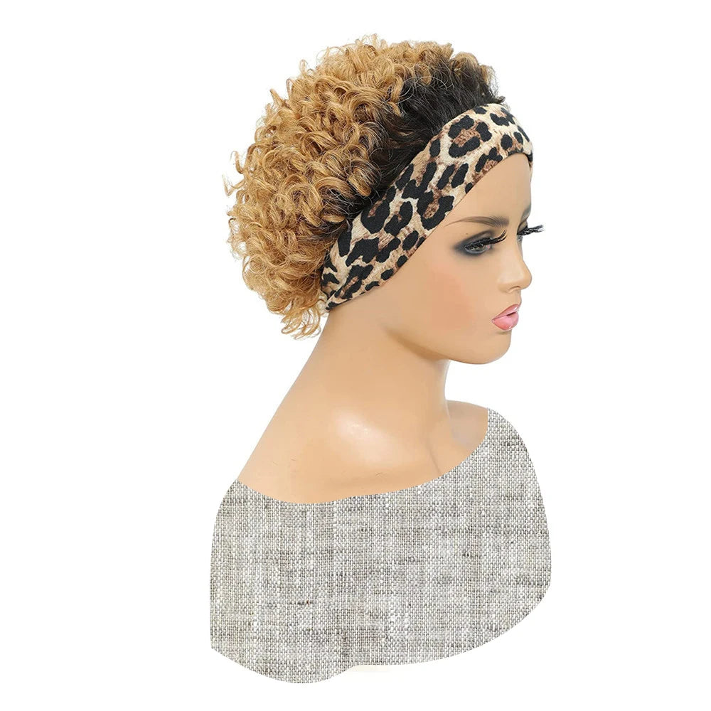 Peluca con diadema rizada de cabello humano - Rizos Kinky Bob corto, Peluca de ajuste universal con diadema para mujer, a la moda y hecha a máquina