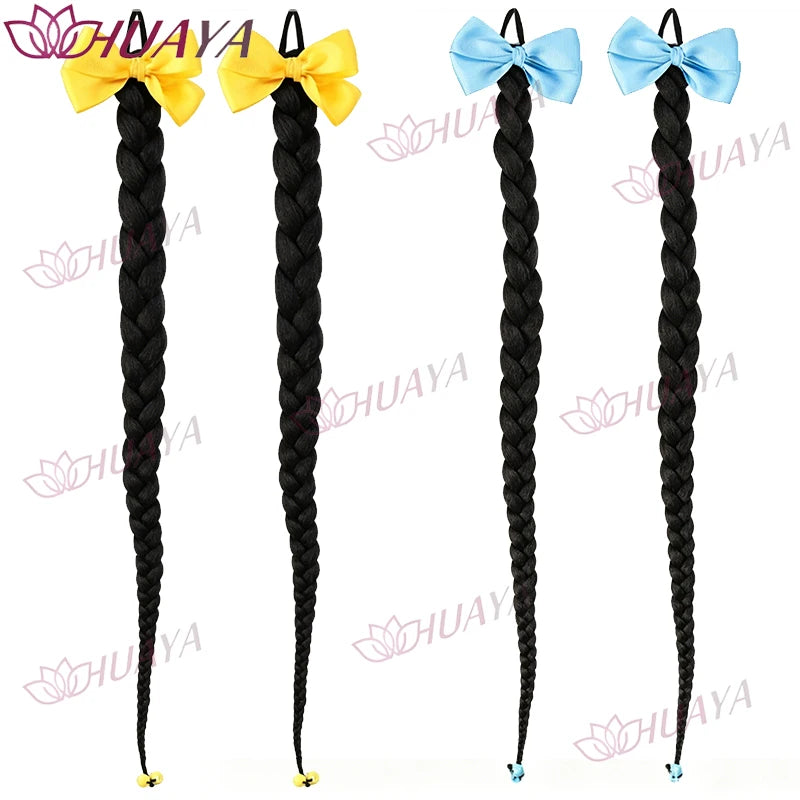 2‑Pack Women's Synthetic 24‑Inch Long Black Braid Ponytail Hair Extensions, Bow Hair Ties, Straight Braid Hair Pieces, Re‑Stylab
