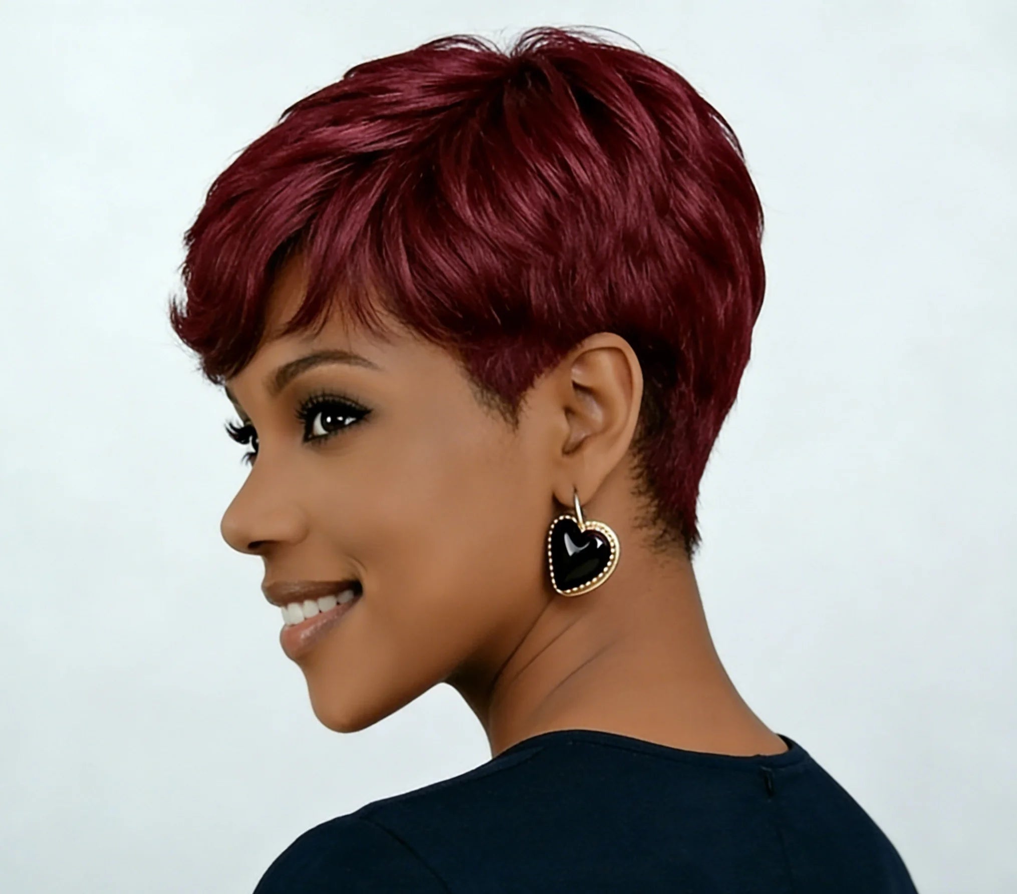 Peluca 99J borgoña pixie cut para mujeres, peluca corta y recta de cabello humano de 6 pulgadas, hecha completamente a máquina.
