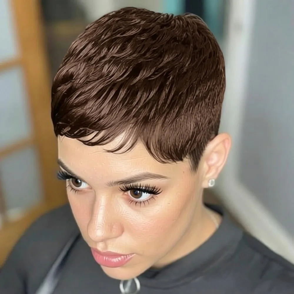 pixie daily party use layered human hair wig machine made wig pixie cut wig short straight brown black burgundy color for women