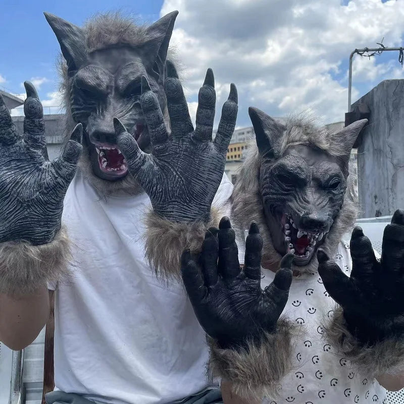 Halloween Wolf Head Mask Animal Gloves Cosplay Outfits Masquerade Funny  Headwear for Carnival Party Men Women
