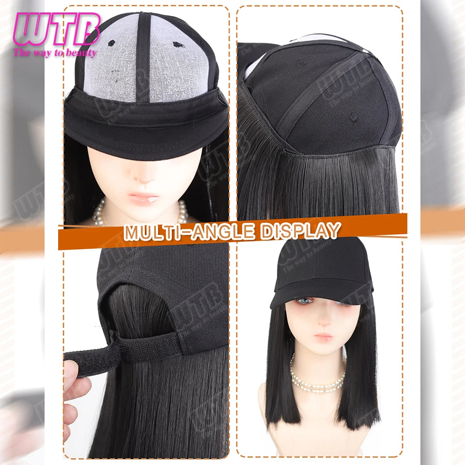 WTB Synthetic Hat Wig Black Short Straight Hair Adjustable Size Sunshade Cap Suitable for Women's Daily and Holiday Wear