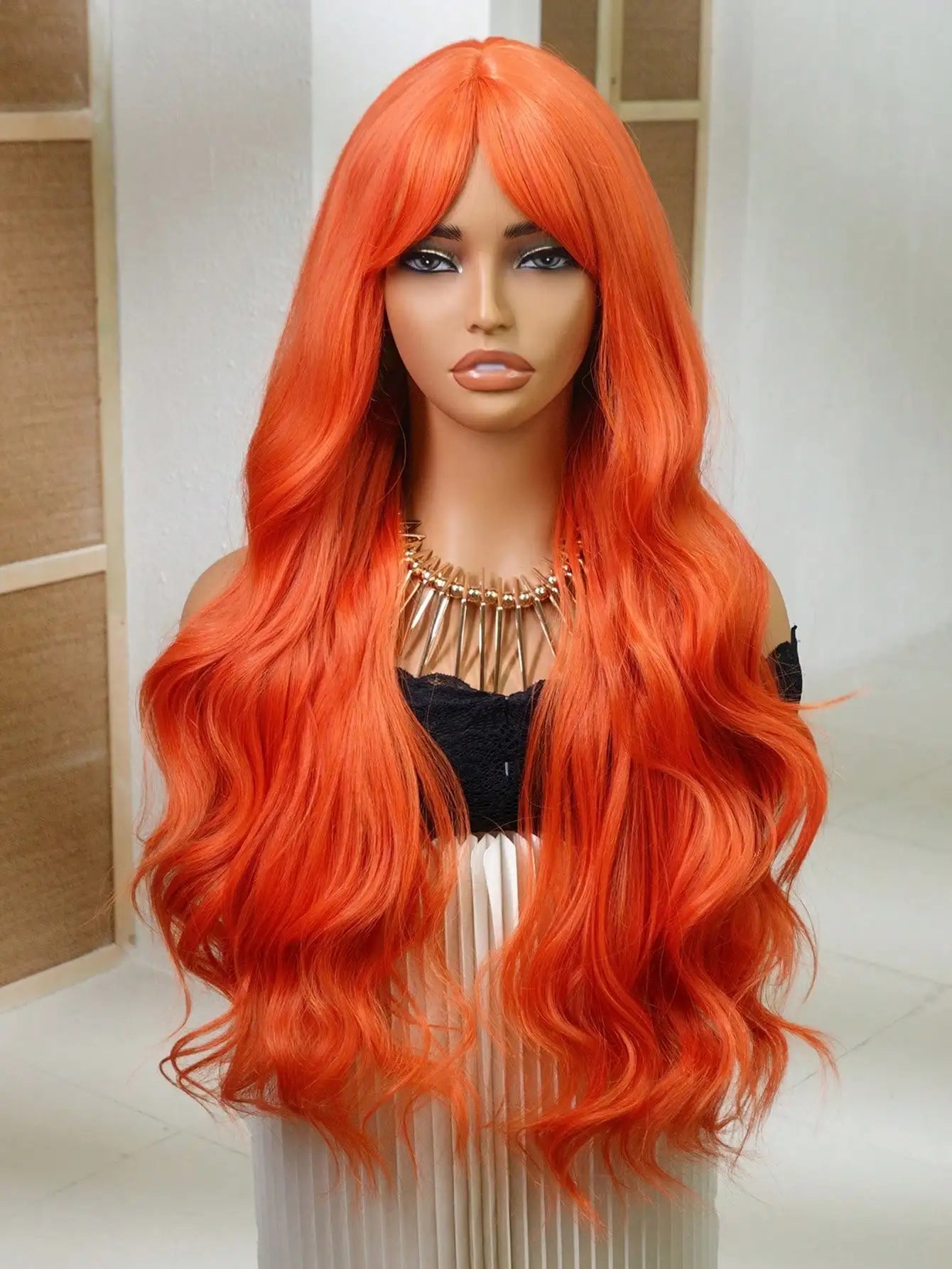 Cute Wigs - Navy Blue Medium Part Bangs Long Curly 28-Inch Daily Simulation Scalp Natural Woman Wigs For Party Cosplay Wedding