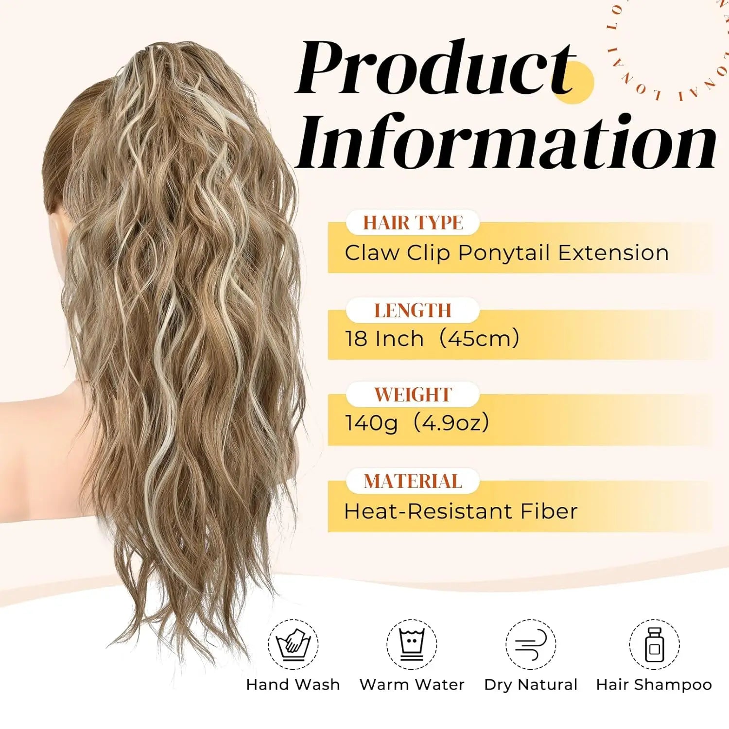 18" Wavy Claw Clip in Ponytail Hair Extensions Curly  Synthetic Fake Pony tails Hairpieces-Ash Brown with Blonde Highlights