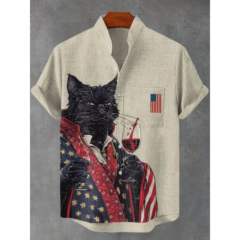 Men's I Must Be God Cat Drinking Red Wine Print Funny Harajuku Shirt Summer Hawaiian Shirts Harajuku Streetwear Casual Tops
