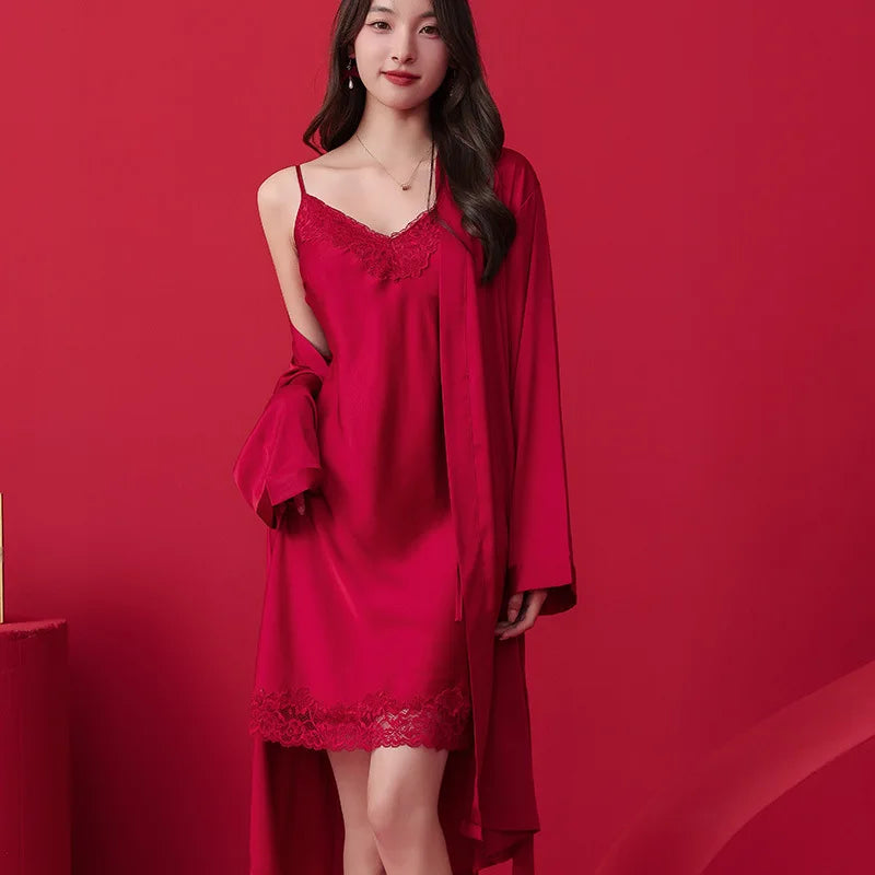 Red Pajamas Set For Couple Women Bathrobe Nightdress Pijamas Sleepwear Men Shirt Pants Summer Loungewear Satin Home Clothes