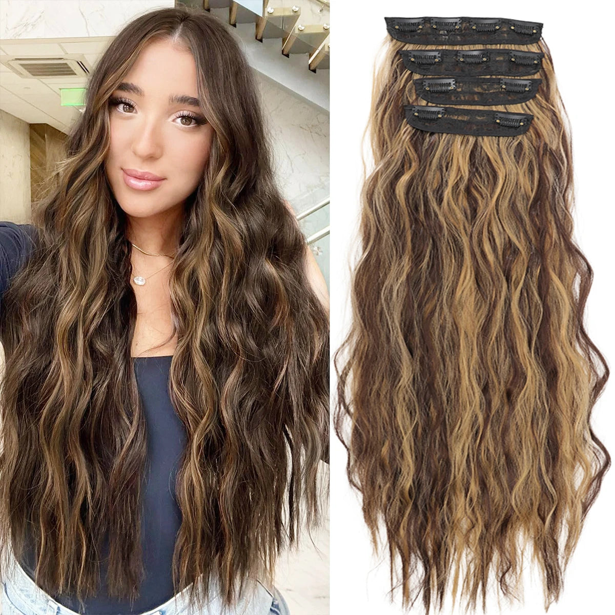 Natural Long Wavy Synthetic Hair Extension 18-32 inches Black 4pcs Hairpiece Fiber Double Weft Hair For Women Hair Accessories