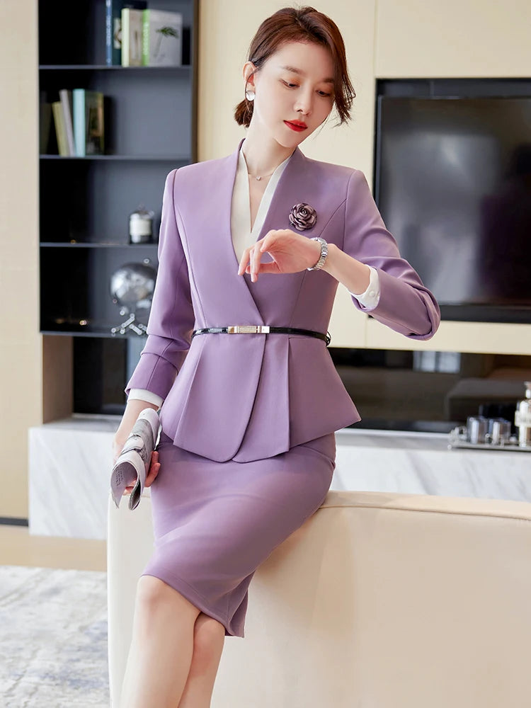 Elegant Women Formal Skirt Suit Ladies Black Purple Pink Long Sleeve V-Neck Female Two Piece Blazer Set