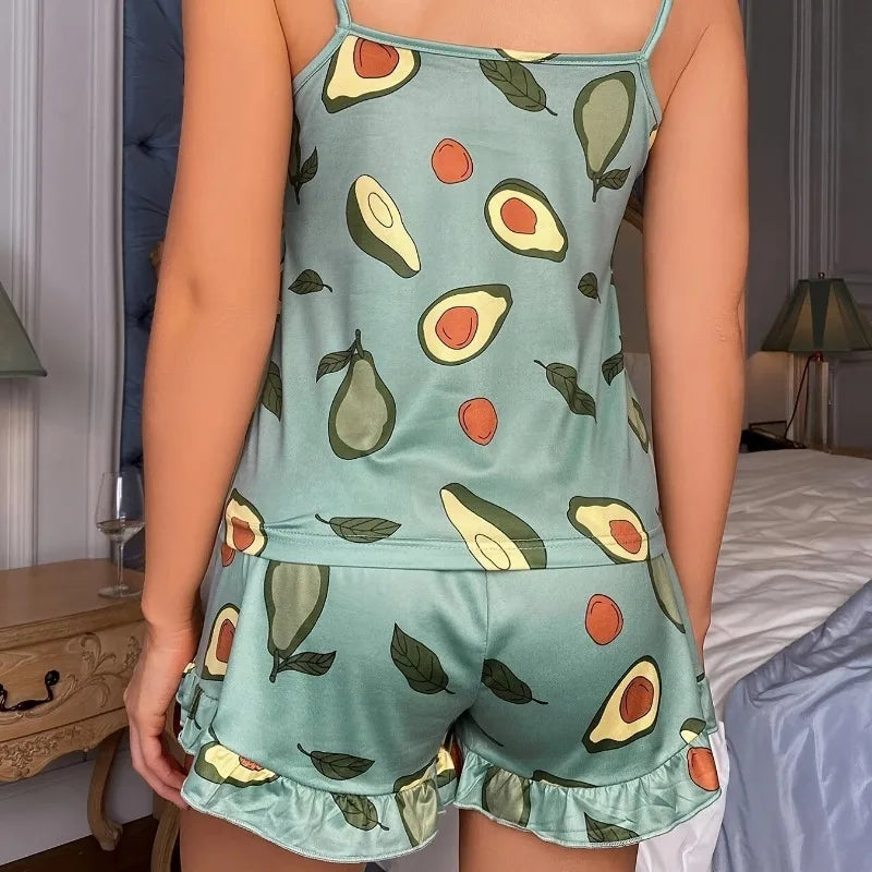 Women's Pajamas Two-piece Set of Sleeveless Tops and Shorts Avocado Pattern Home Wear Casual