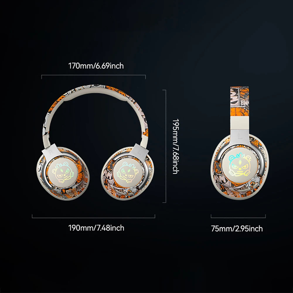 Bluetooth 5.3 Gaming Headset- RGB Lights Wireless Headphones, Low Latency Mode, Noise Cancelling Mic, Comfort Earmuffs for PC