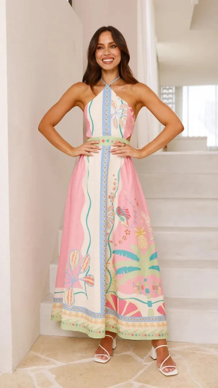 Sexy Long Neck Hanging Strap Backless Dress New Independent Station Cross-Border Sleeveless Knee-Length Polyester Fiber