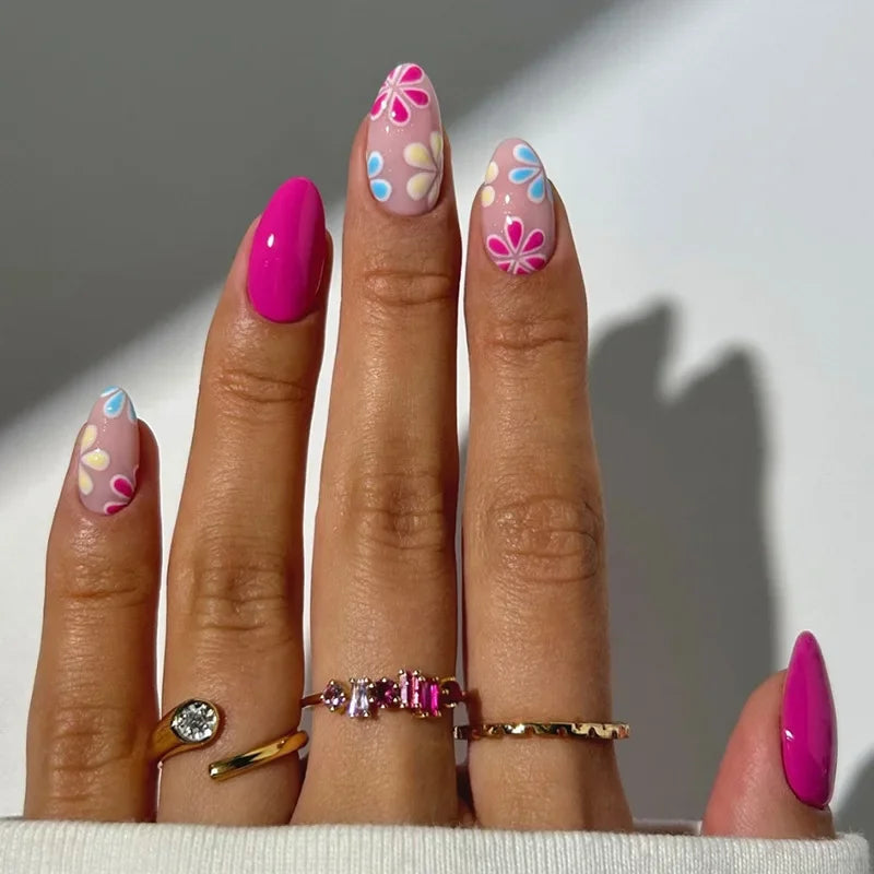 French Press on Fake Nails with Flowers Designs Summer Blue Short Almond False Nails Wearable French Full Cover Press on Nails