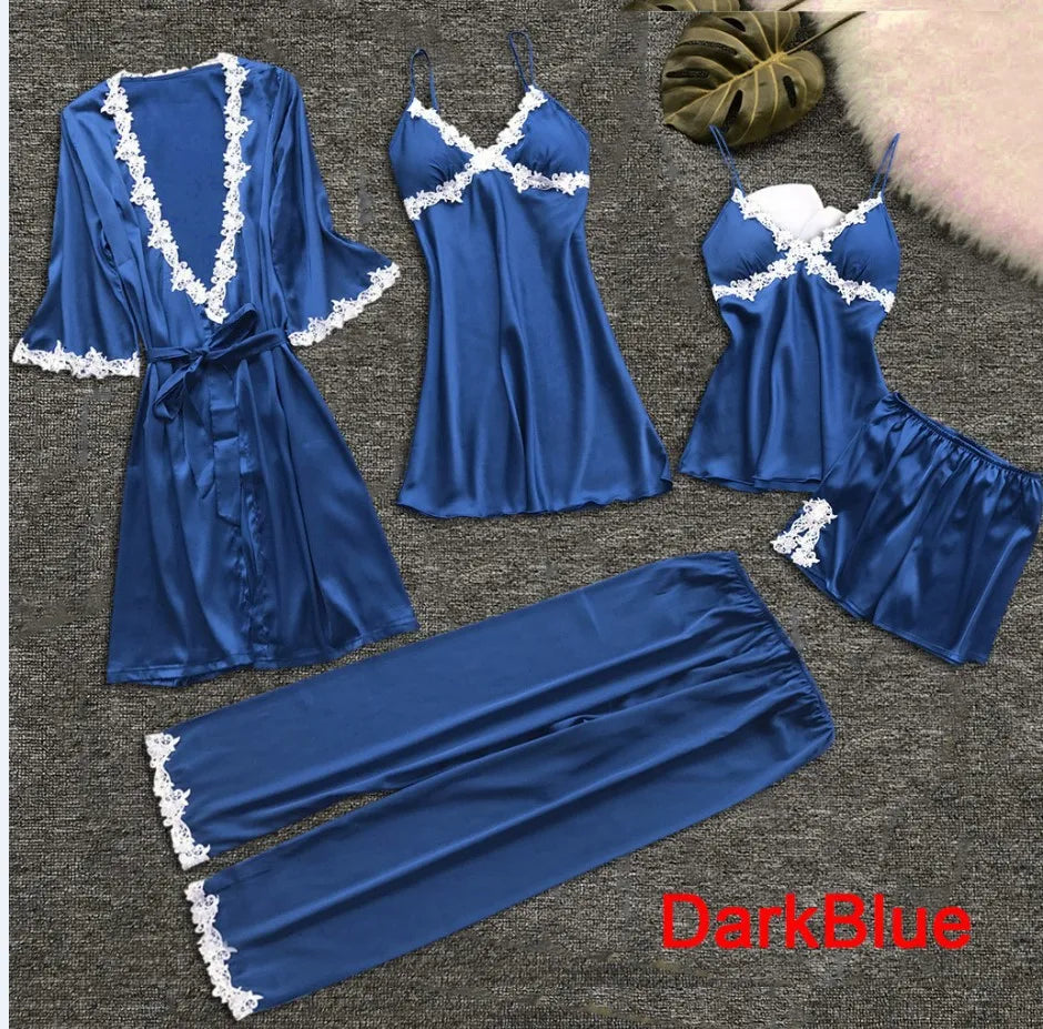 Pajamas Five Piece Set Sexy Lace Trim Nightgown Nightwear Spring Summer Women Bath Robe Loose Satin Home Wear Pijamas Suit