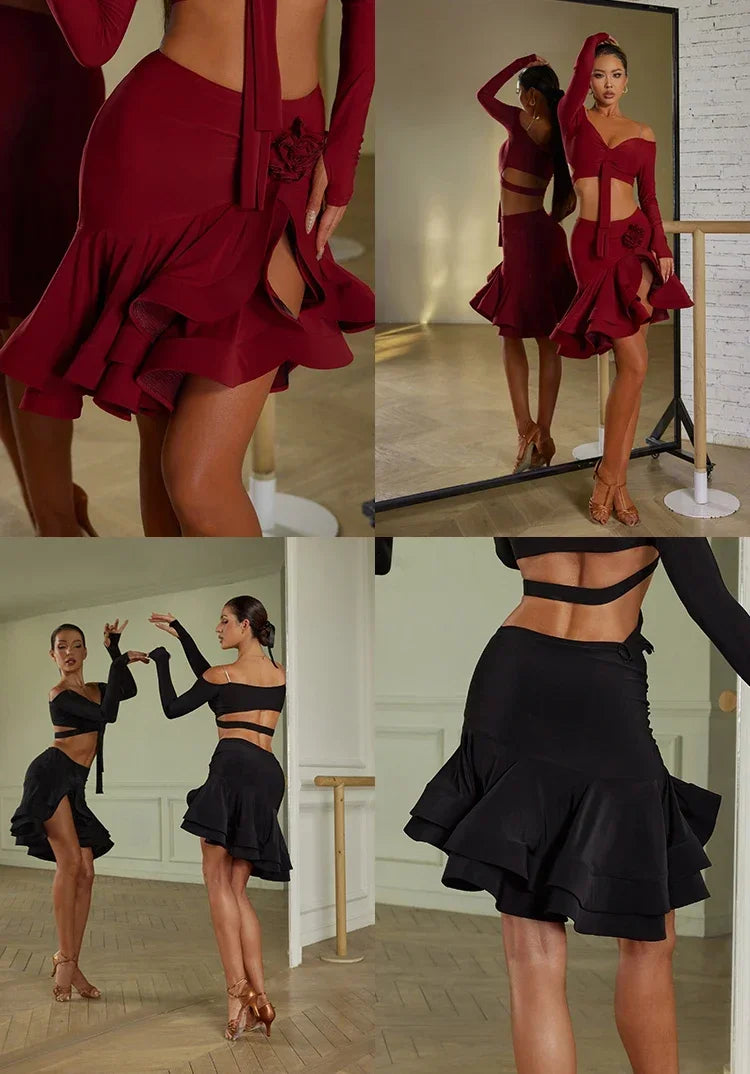 Sexy Off Shoulder Latin Top Ruffled Skirts Latin Dance Costume Stage Performance Clothes Samba Tango Dance Wear Set for Women