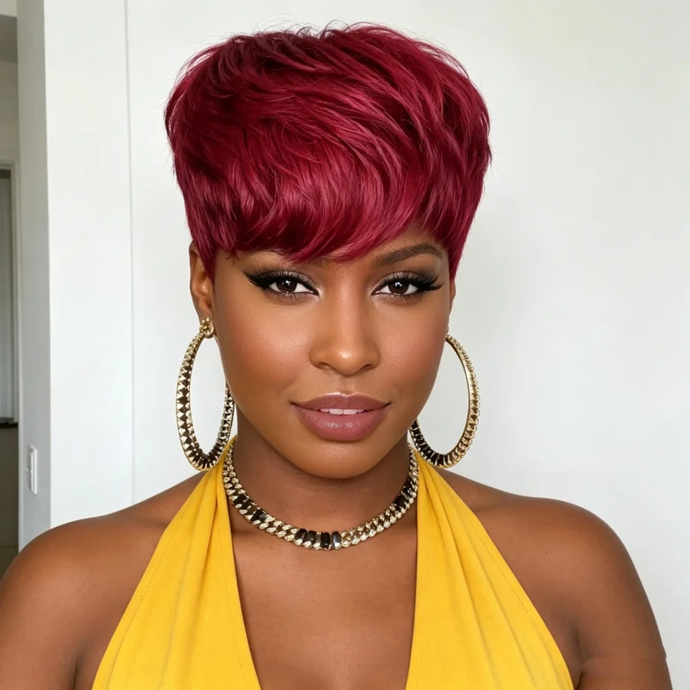 Short Human Hair Pixie Cut Straight Full Machine Made Wigs with Bangs for Daily Wear