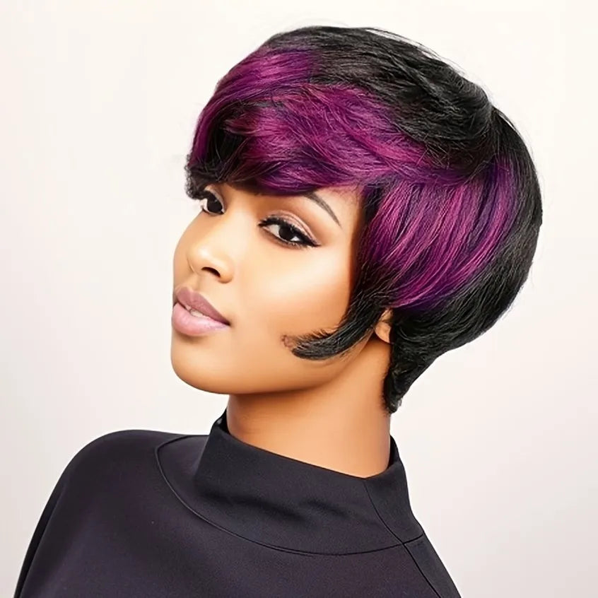 150% densiity 6inch 1B/PURPLE color layered pixie cut human hair wigs for women short curly machine made daily party use