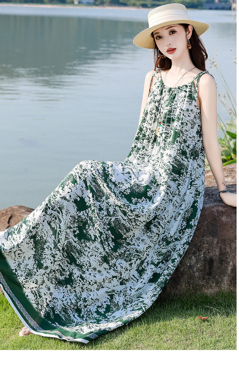 New Fashion Hot Summer Dresses For Women  Casual Flower Print Floral Sleeveless Dress Vintage Dress Loose Women Clothing