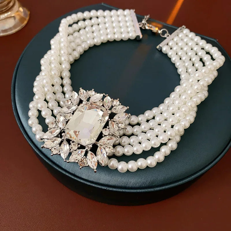 Inlaid Rhinestone Geometric Pearl Jewelry Set Women Beaded Choker Light Luxury Multi-layer Necklace Fashion High Sense Earring